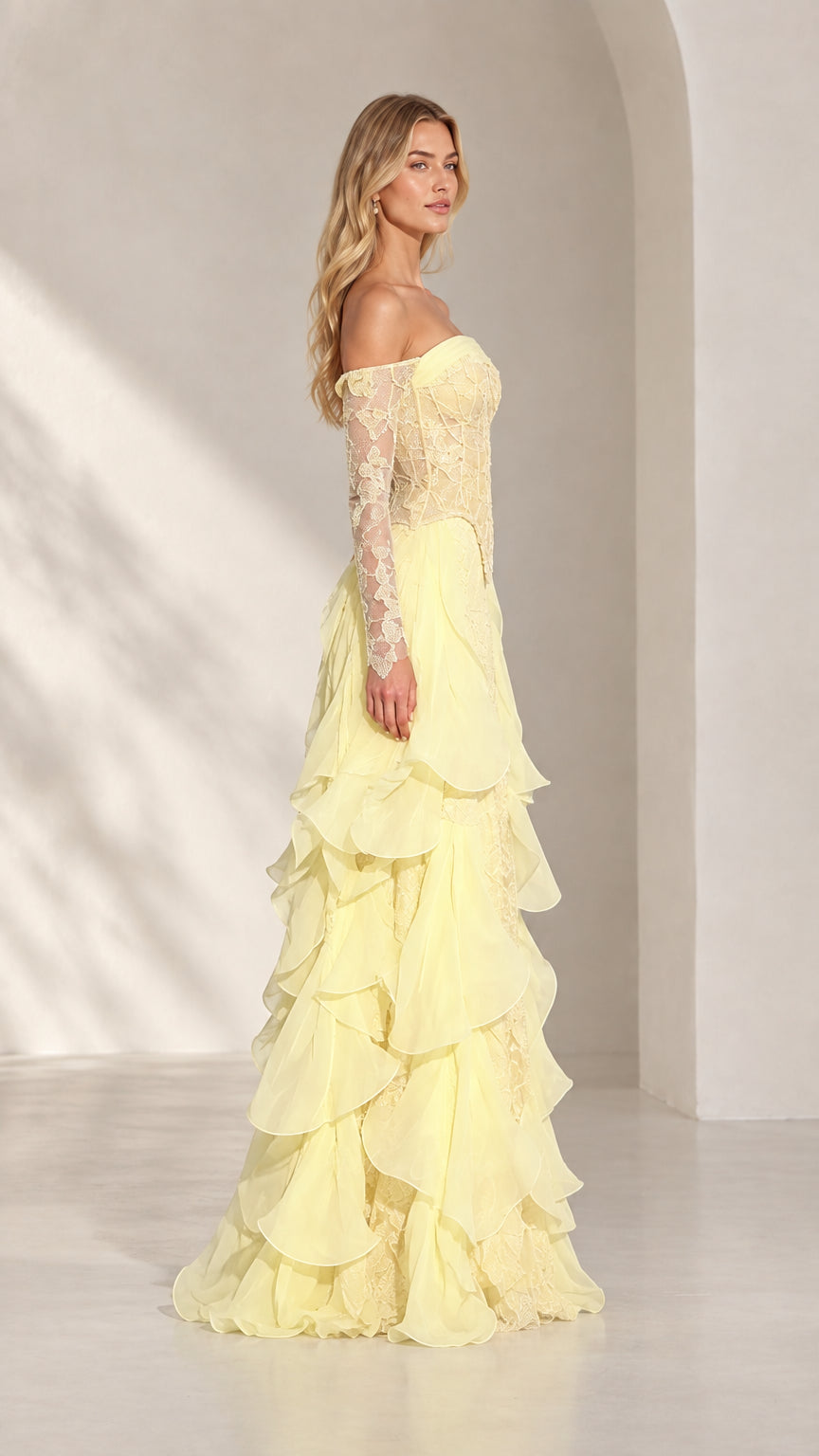 Pastel yellow off-the-shoulder evening gown with layered ruffle maxi skirt - side view