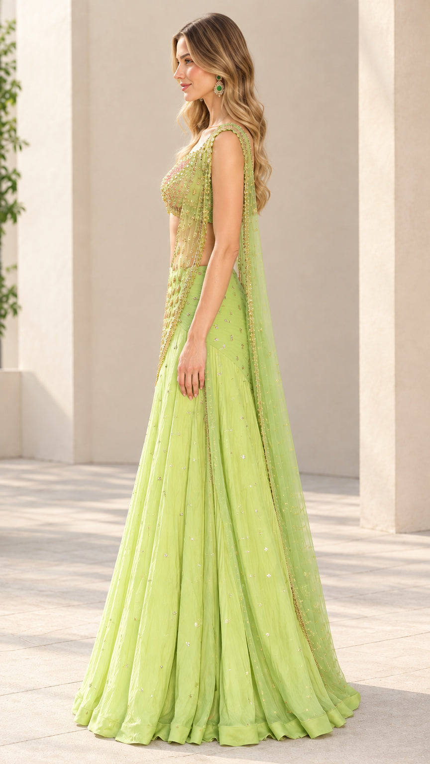 Side profile of model wearing lime green pleated lehenga skirt and blouse