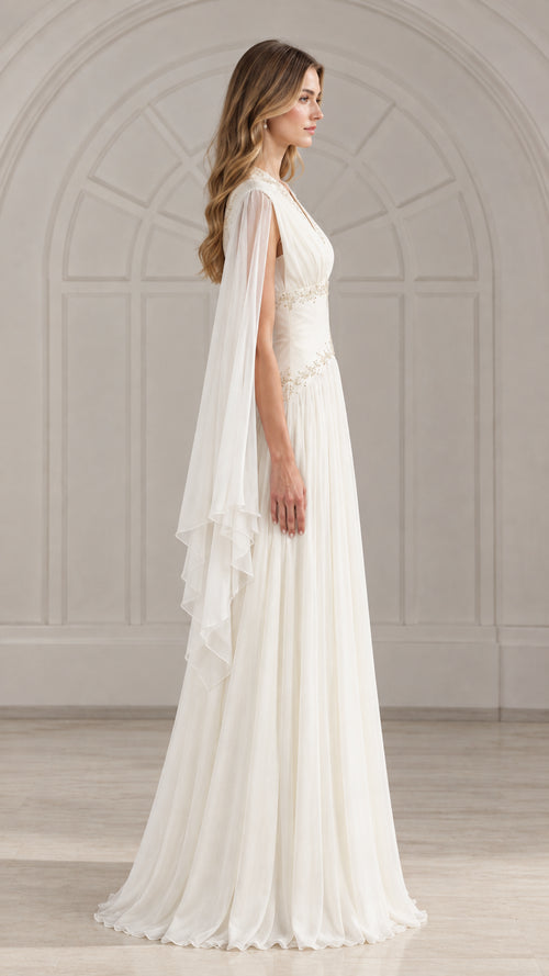Side profile view of ivory white cape sleeve formal maxi dress showing draped sleeves