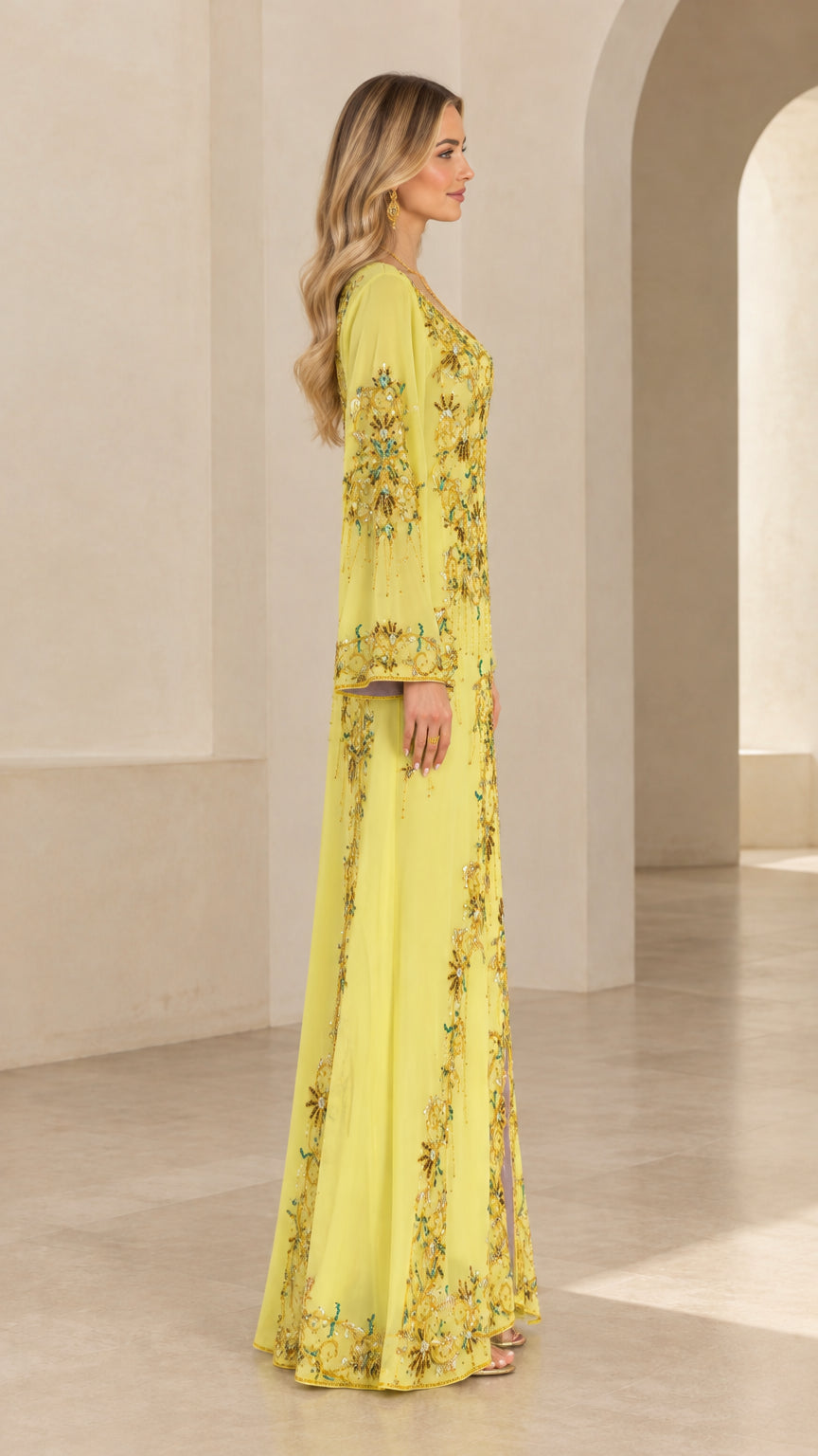 Side profile view of yellow embellished evening gown