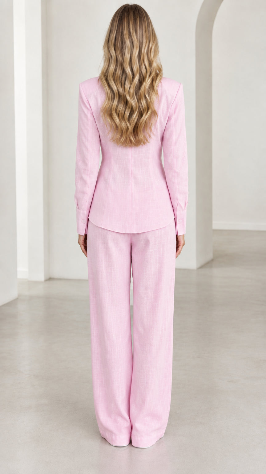 Back full-body view of woman wearing pink wide-leg pant set