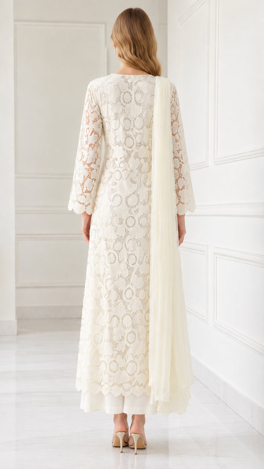Back view of Ivory floral lace tunic set with matching scarf