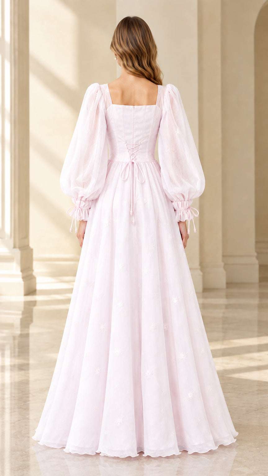 Back view of light pink square neck corset gown with lace-up detail
