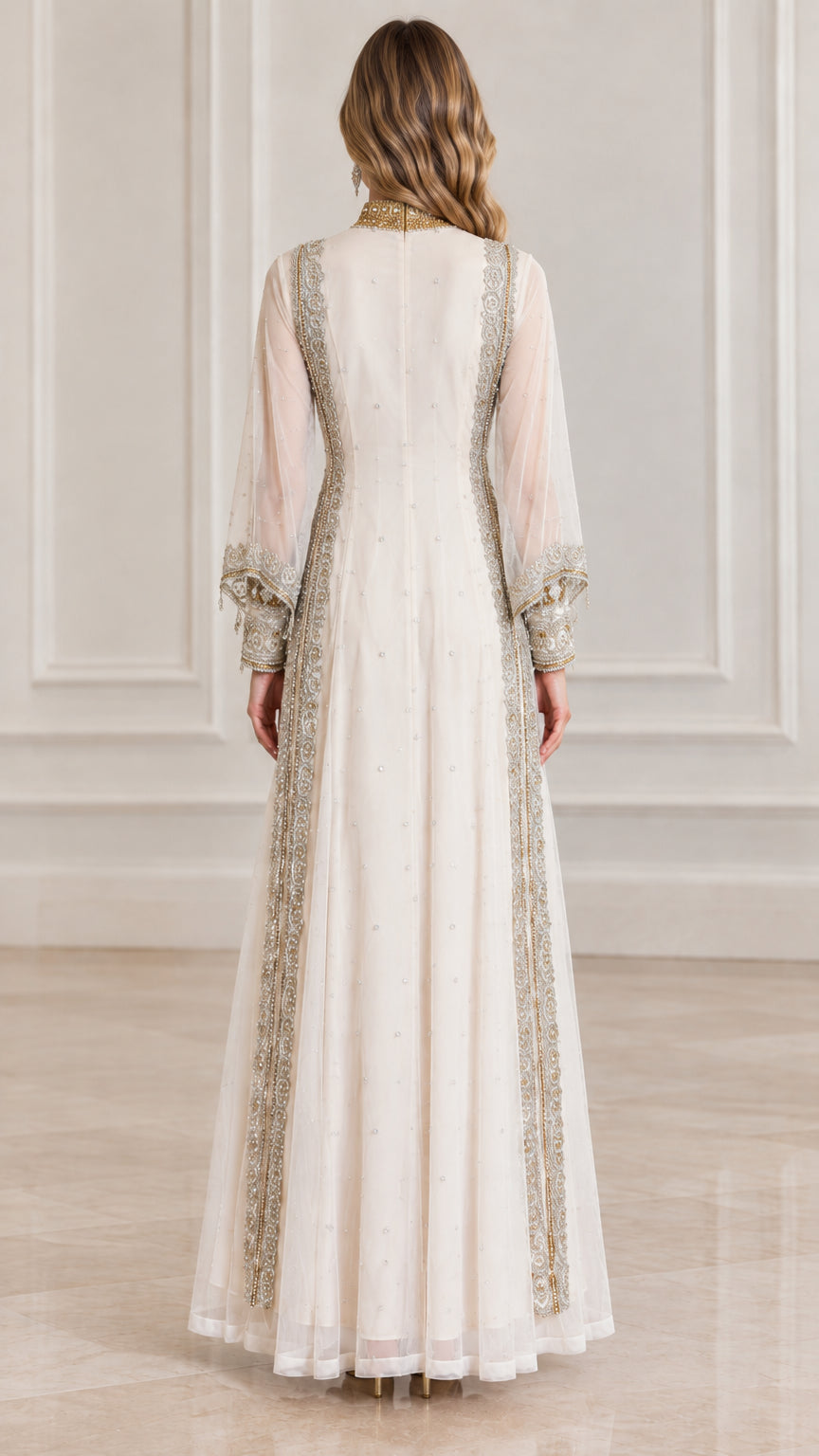 Back view of ivory white embroidered maxi gown with vertical detailing