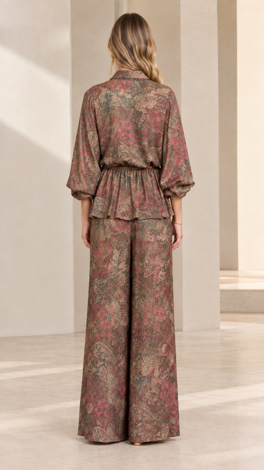 Olive Multi paisley matching pant set - back view