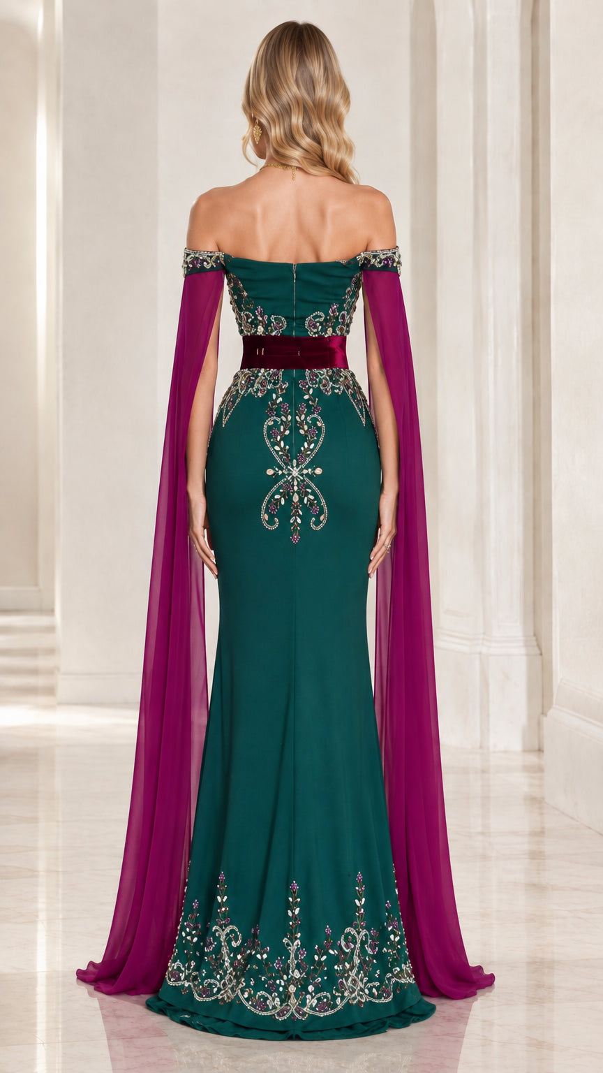 Back view of emerald green mermaid evening gown with draped cape panels