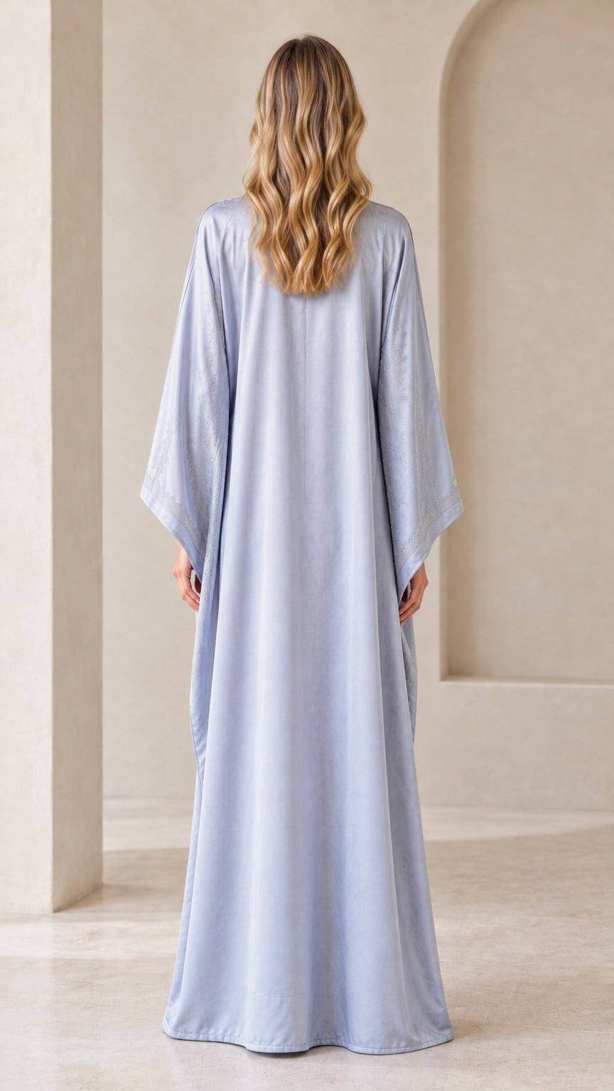 Back full-length view of Dusty Blue relaxed-fit batwing kaftan maxi dress
