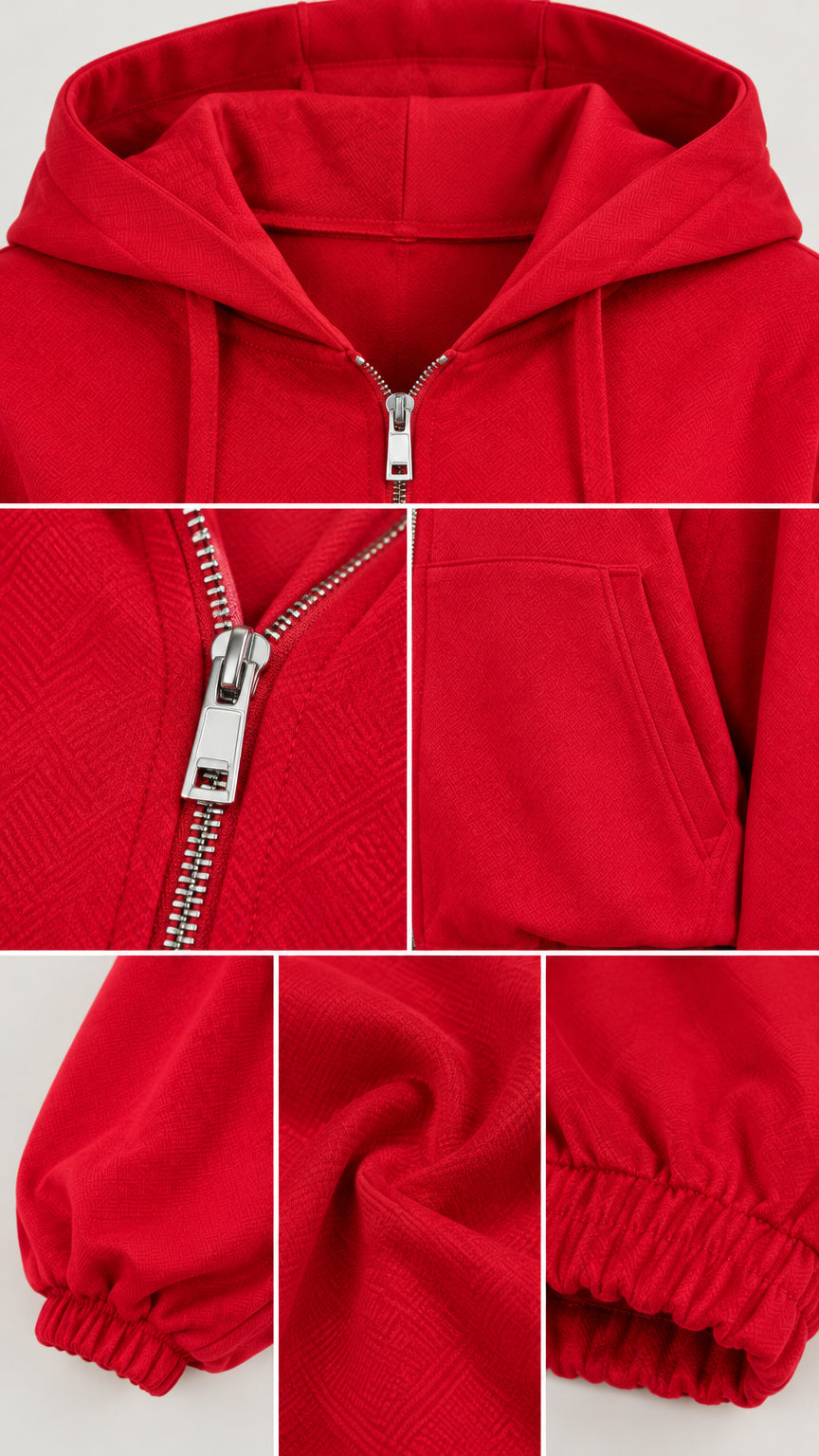 Close-up details of red tracksuit showing hood, metal zipper, pockets, and ribbed cuffs