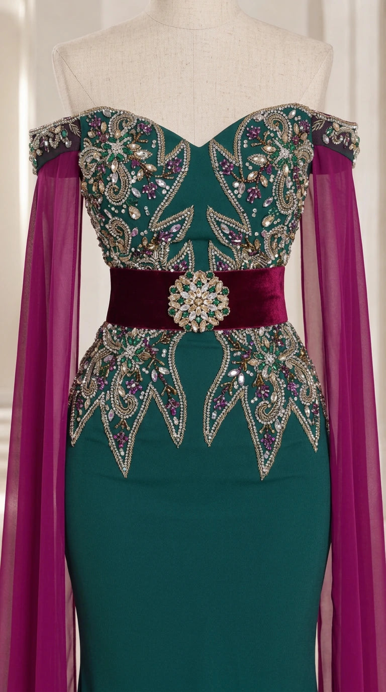 Close-up detail of beaded bodice, crystal buckle, and velvet waist accent