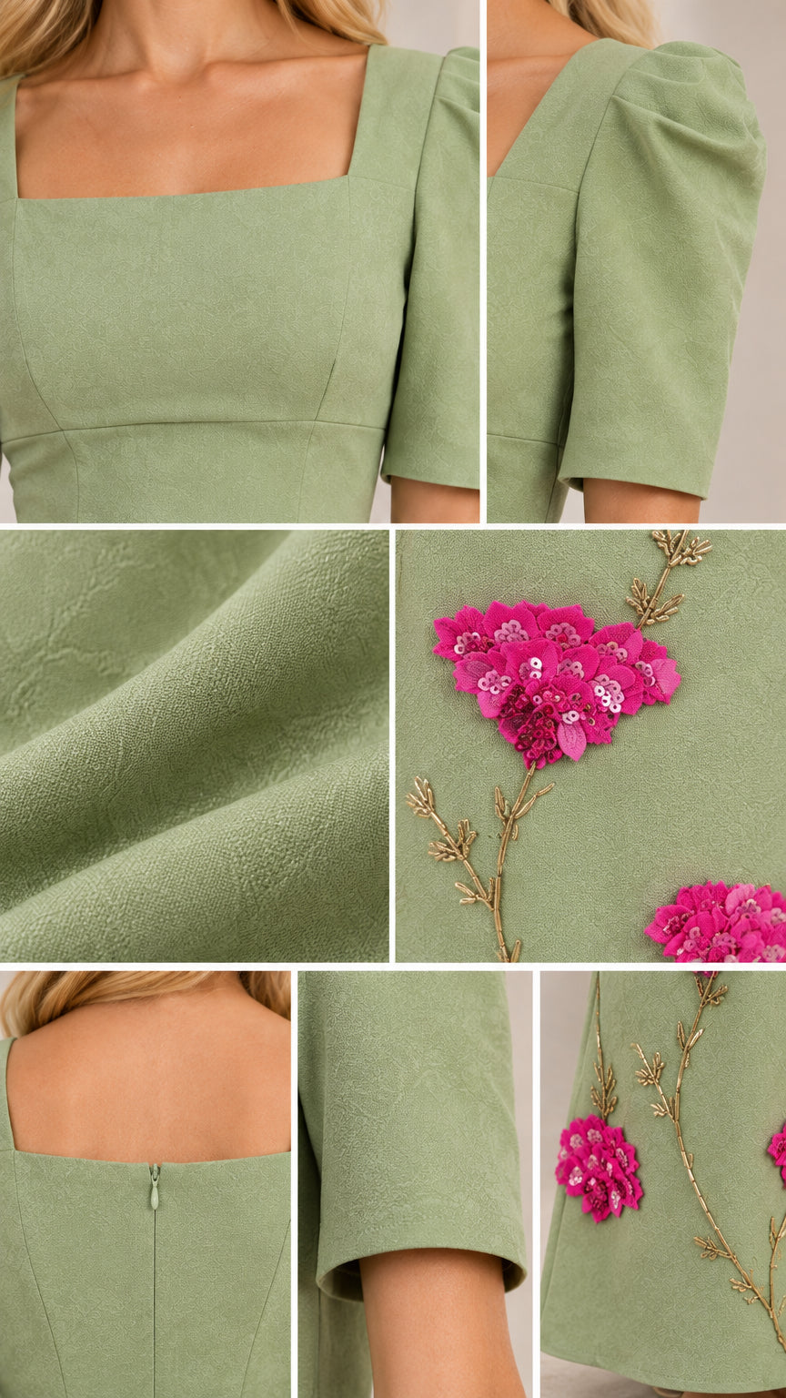 Close-up details of square neckline, puff sleeves, textured fabric, and sequin floral embroidery
