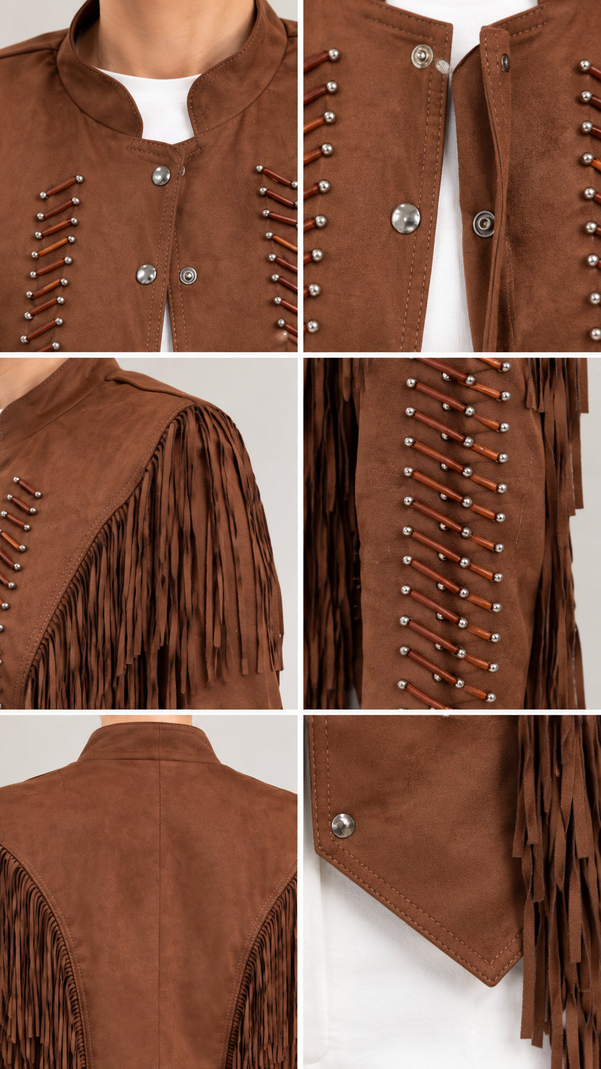 Close-up details of hardware studs, snap buttons, and fringe on brown faux suede jacket