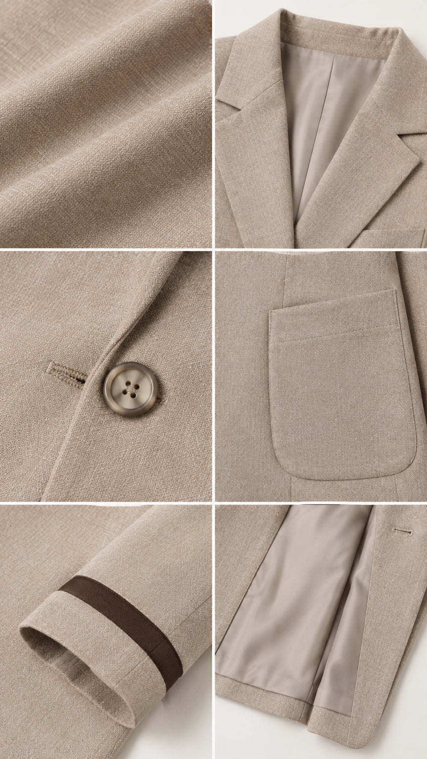 Close-up details of suiting fabric, notched lapel, single button, and contrast cuff trim