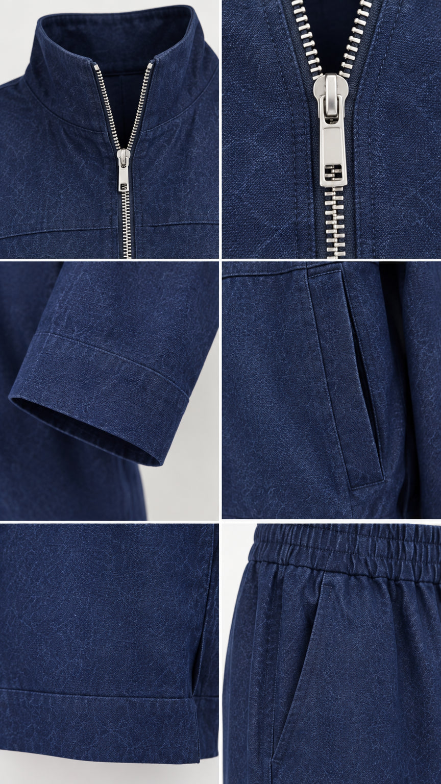 Close-up details of collar zipper cuff pockets and elastic waist on navy blue set
