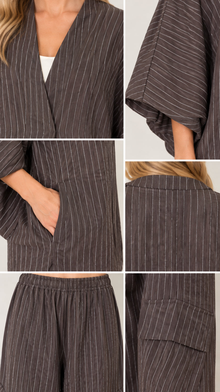 Detailed close-ups of pinstripe crossover neckline, wide sleeve, elastic waistband, and side cargo pocket