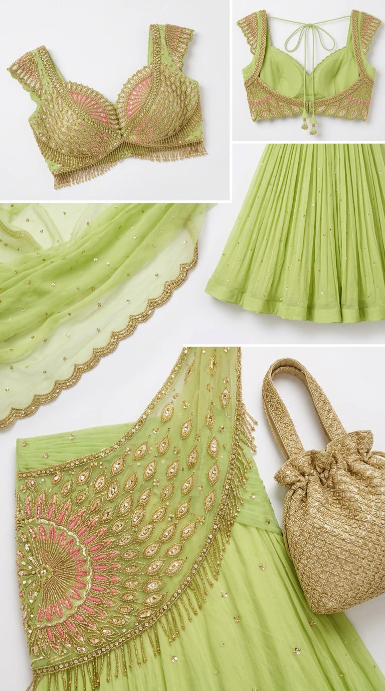 Detail view of lime green embroidered blouse, scalloped dupatta border, and matching pouch