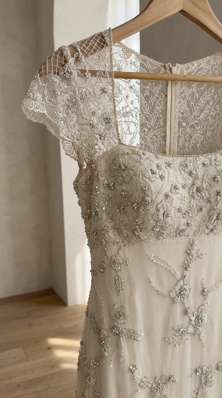 Close-up detail of silver floral beadwork and sheer cap sleeve on ivory dress
