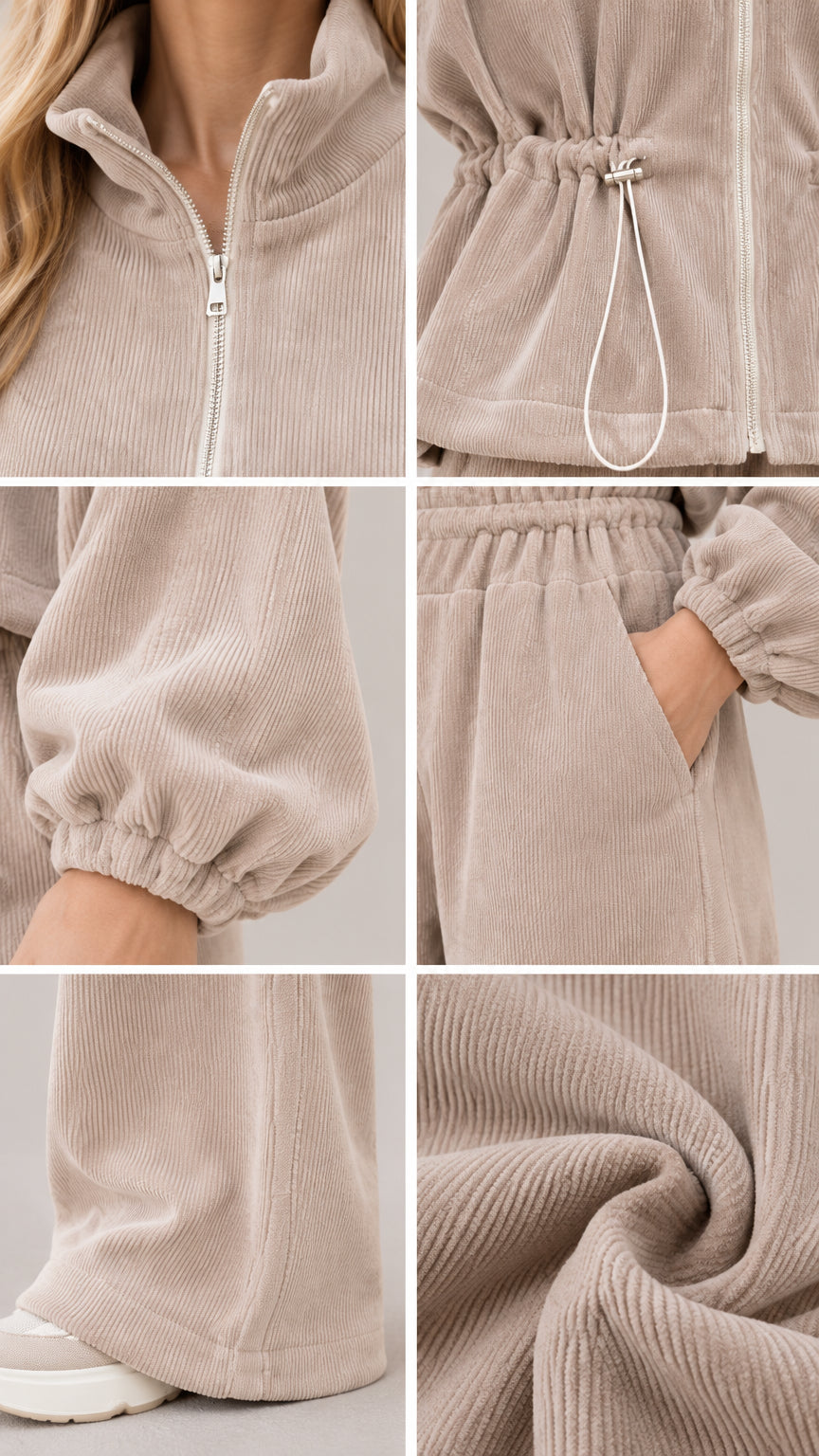 Close up collage of beige jacket collar, drawstring toggle, cuff, pocket, and fabric texture