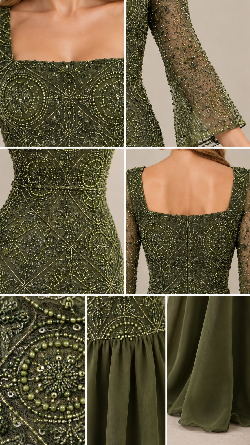 Close-up details of intricate green beadwork, square neckline, flare sleeve cuff, and chiffon fabric