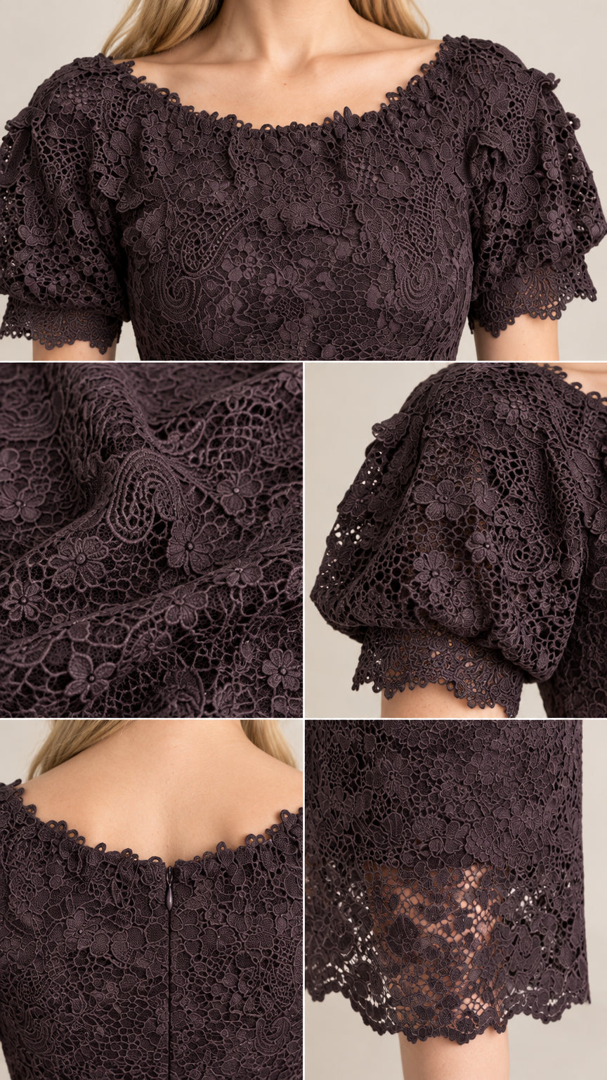 Close-up details of neckline, lace fabric texture, puff sleeves, and scalloped hem