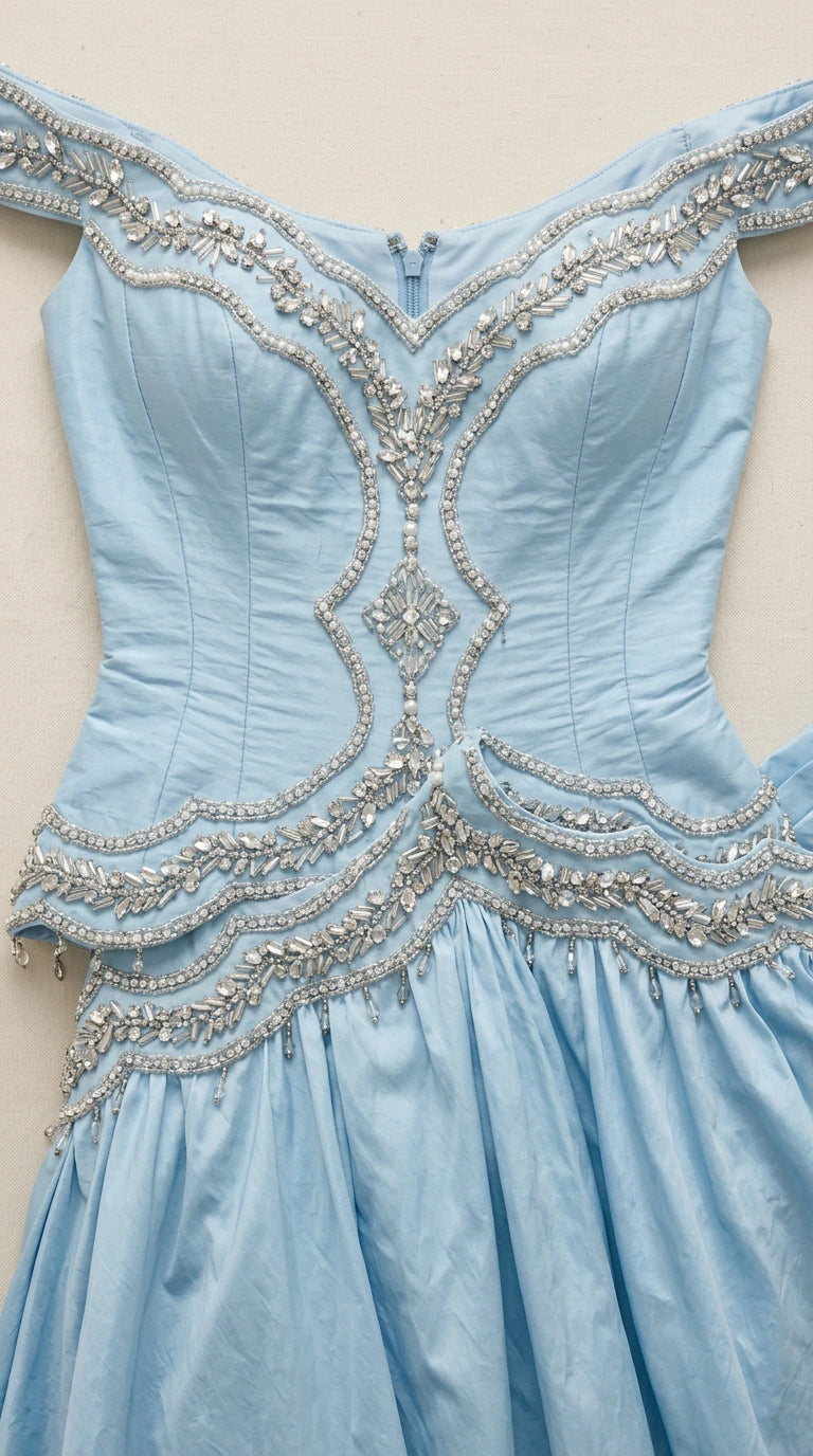 Close-up detail of silver rhinestone and bead embroidery on sweetheart bodice