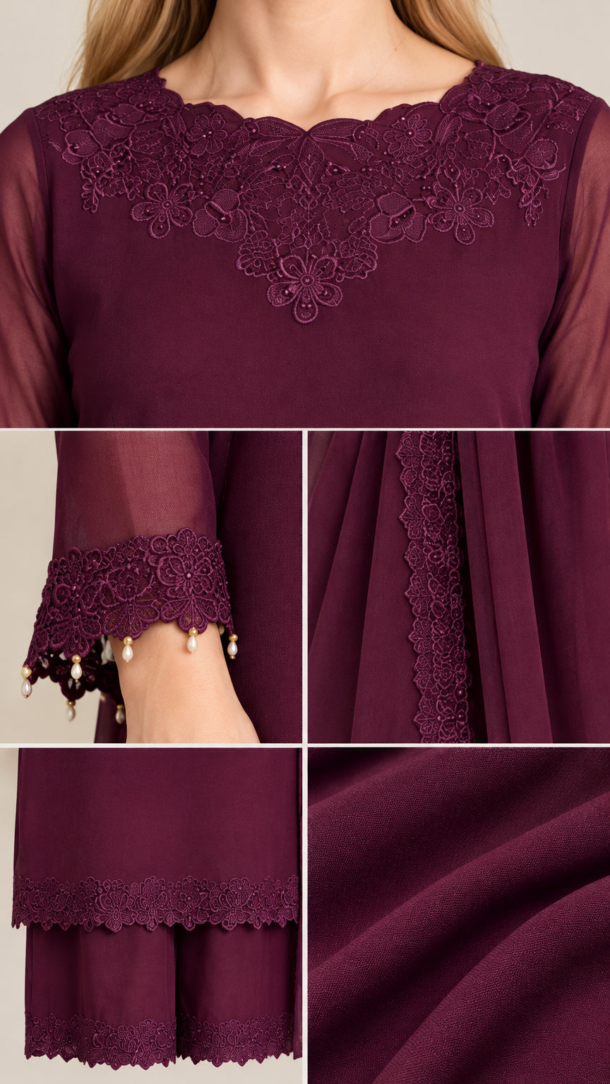Close-up details of floral embroidery neckline, beaded cuff, and chiffon fabric texture