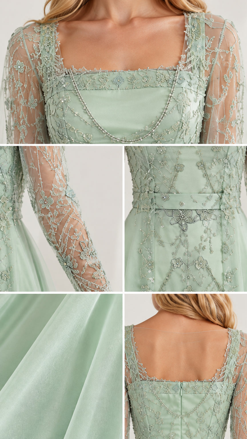 Detailed close-up of neckline, embroidered sheer sleeves, and fabric