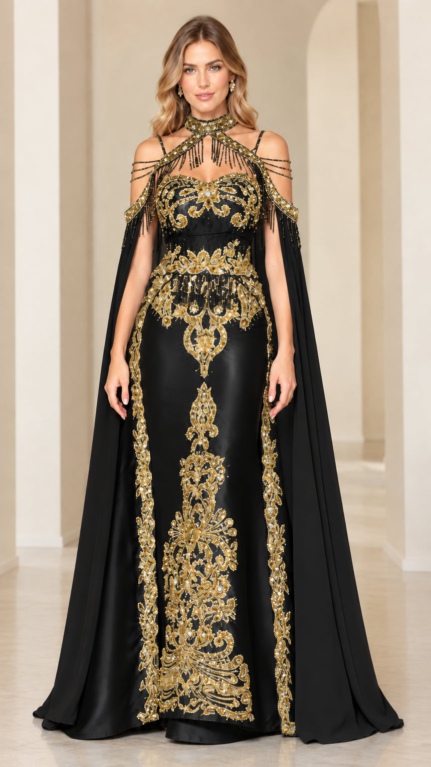 Black formal evening gown with ornate gold embroidery and dramatic cape sleeves