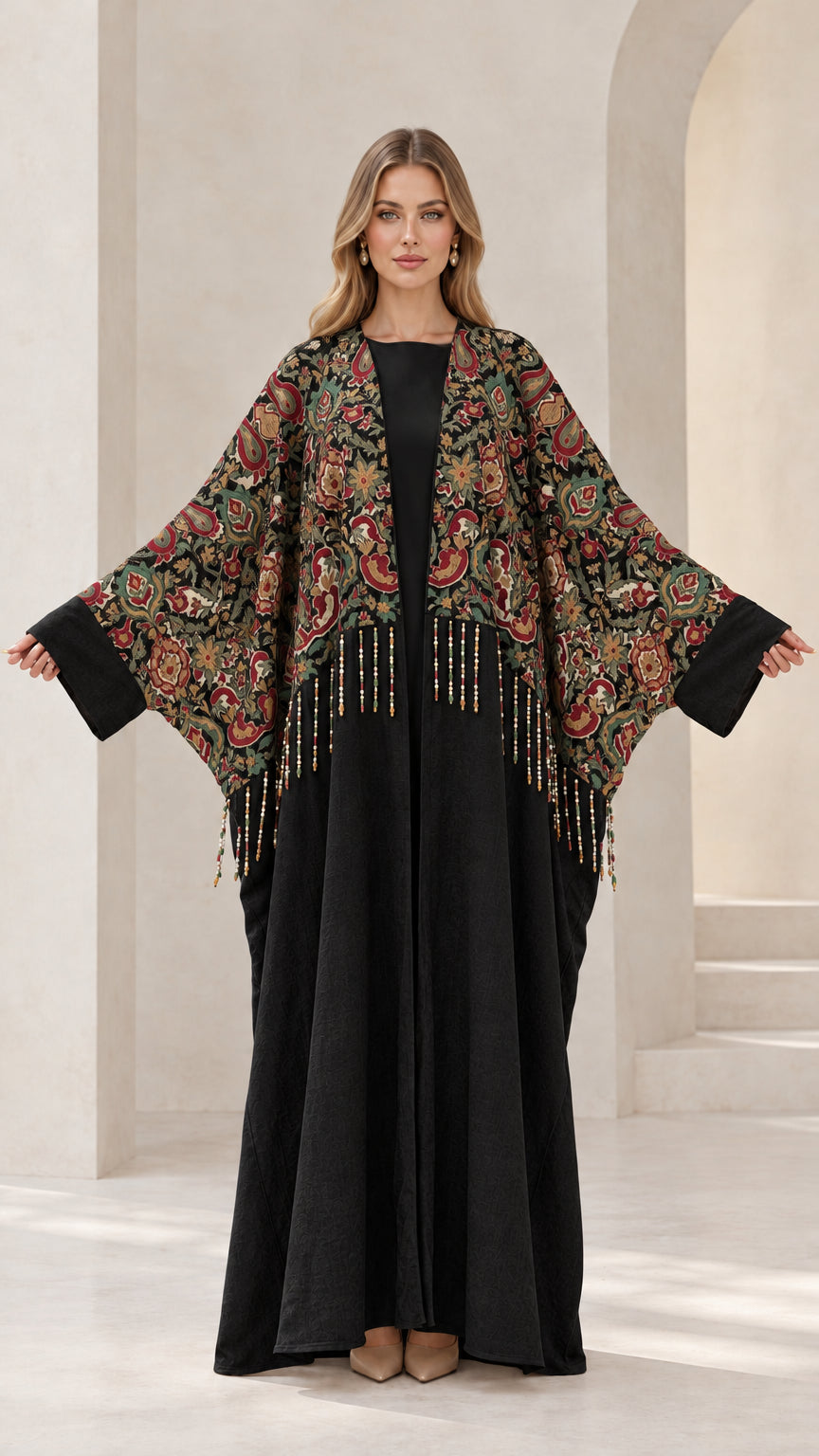 Front view of black embroidered abaya maxi dress with fringe overlay