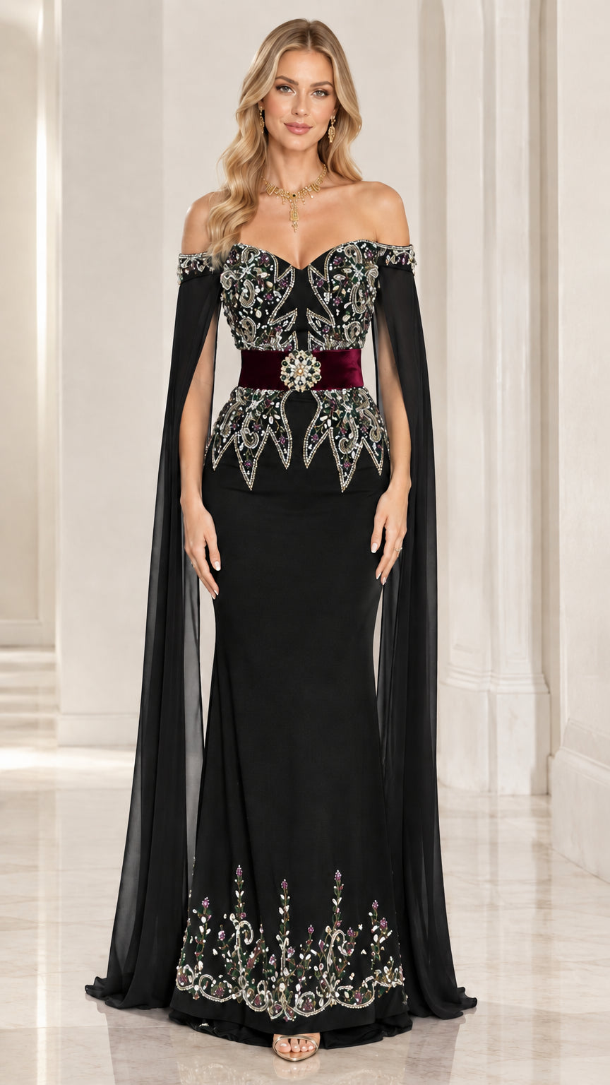Black off-the-shoulder mermaid evening gown with sheer cape sleeves