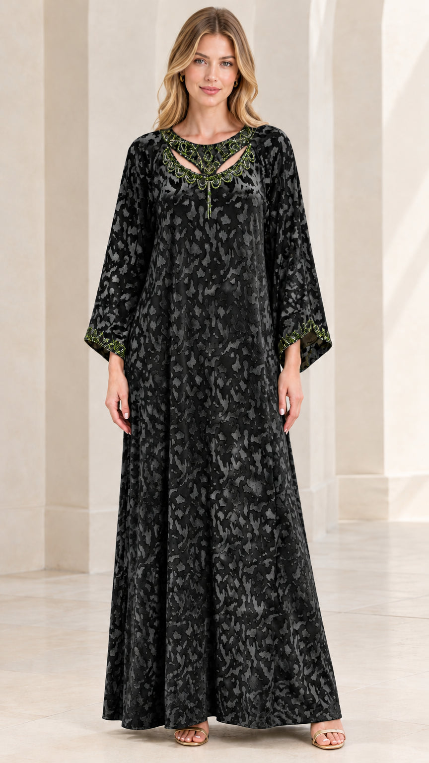 Full front view of Black textured kaftan maxi dress with beaded neckline