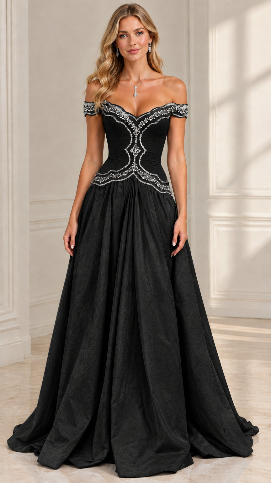 Model wearing classic black off-the-shoulder beaded formal ball gown