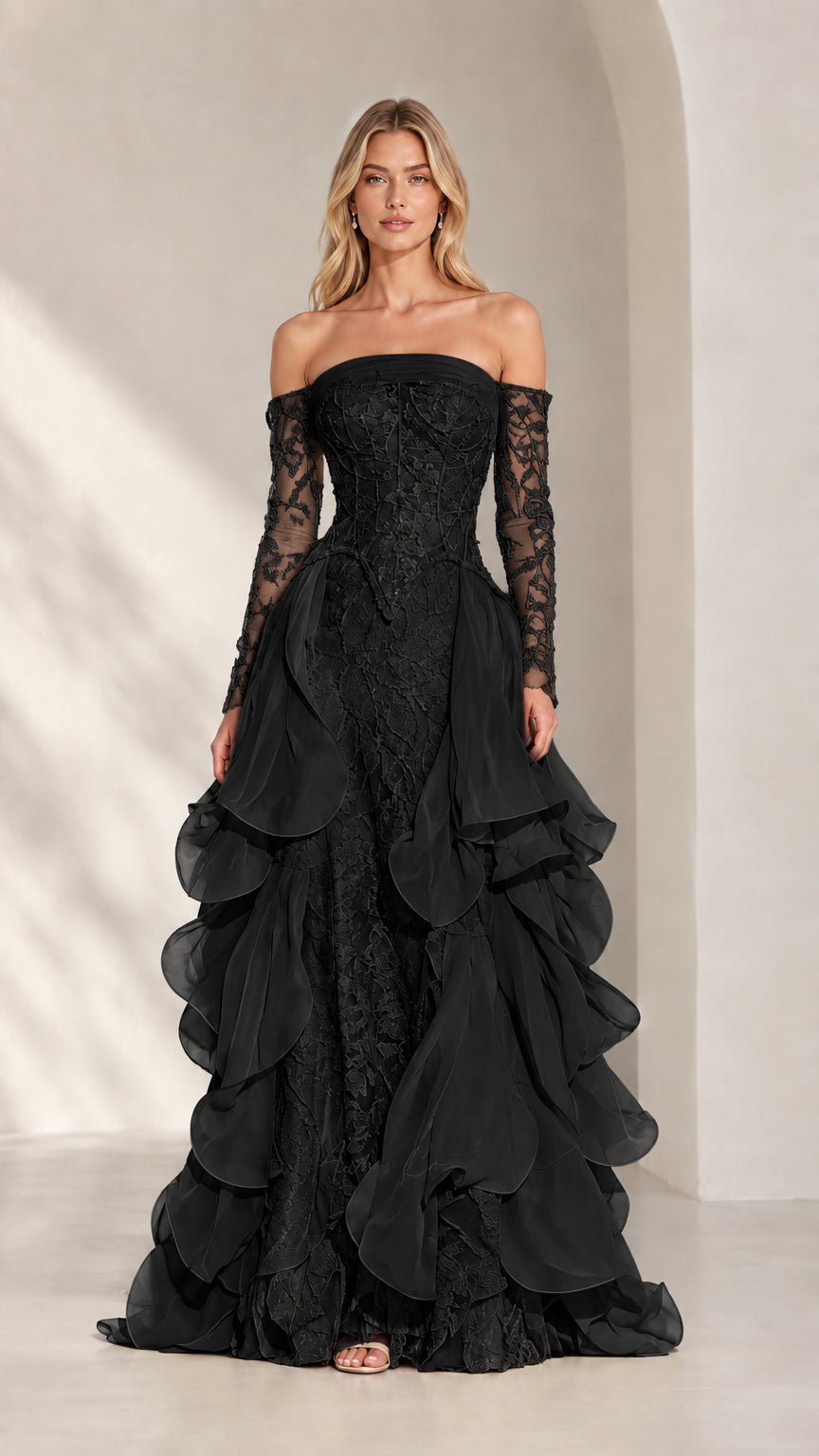 Black lace off-the-shoulder corset evening gown with tiered cascading skirt