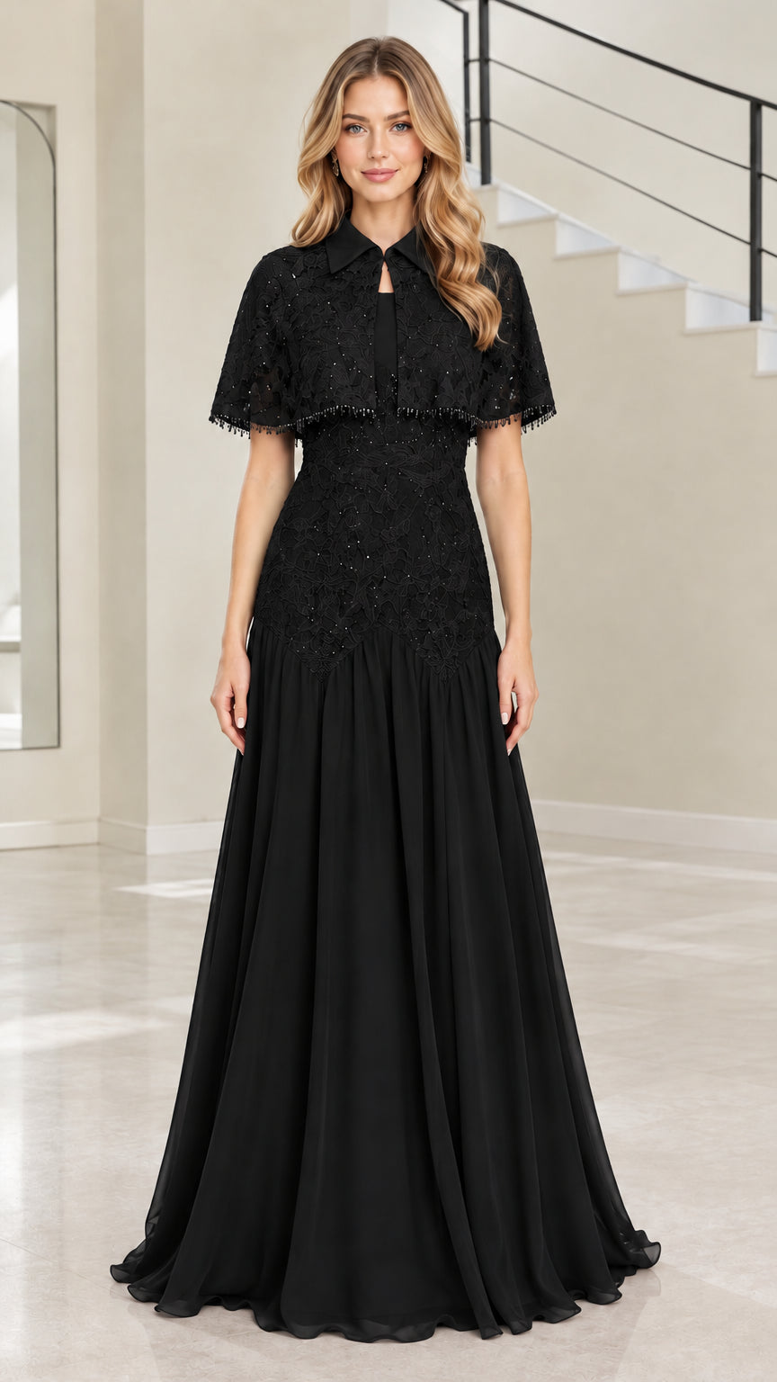 Woman wearing black collared capelet lace evening gown
