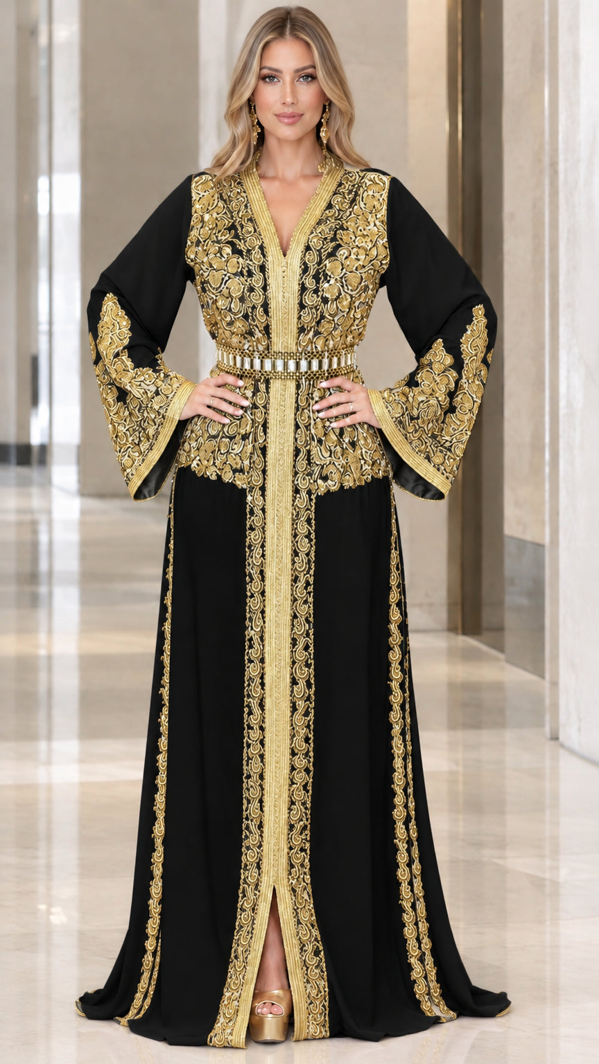 Front view of black Moroccan kaftan maxi dress with opulent gold embroidery