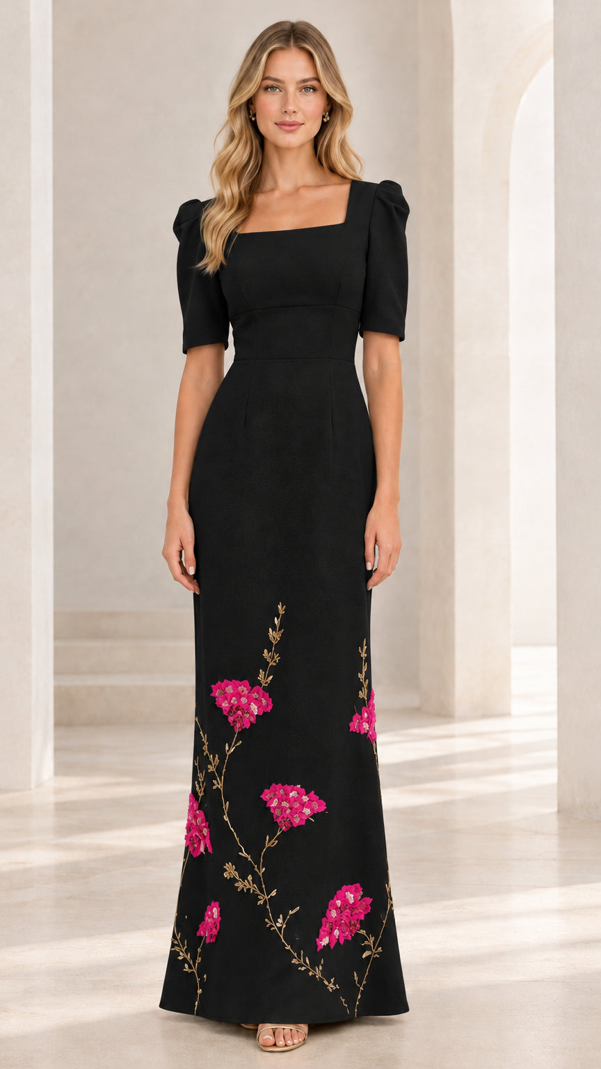 Full-length front view of black square neck maxi gown with vibrant pink floral embroidery