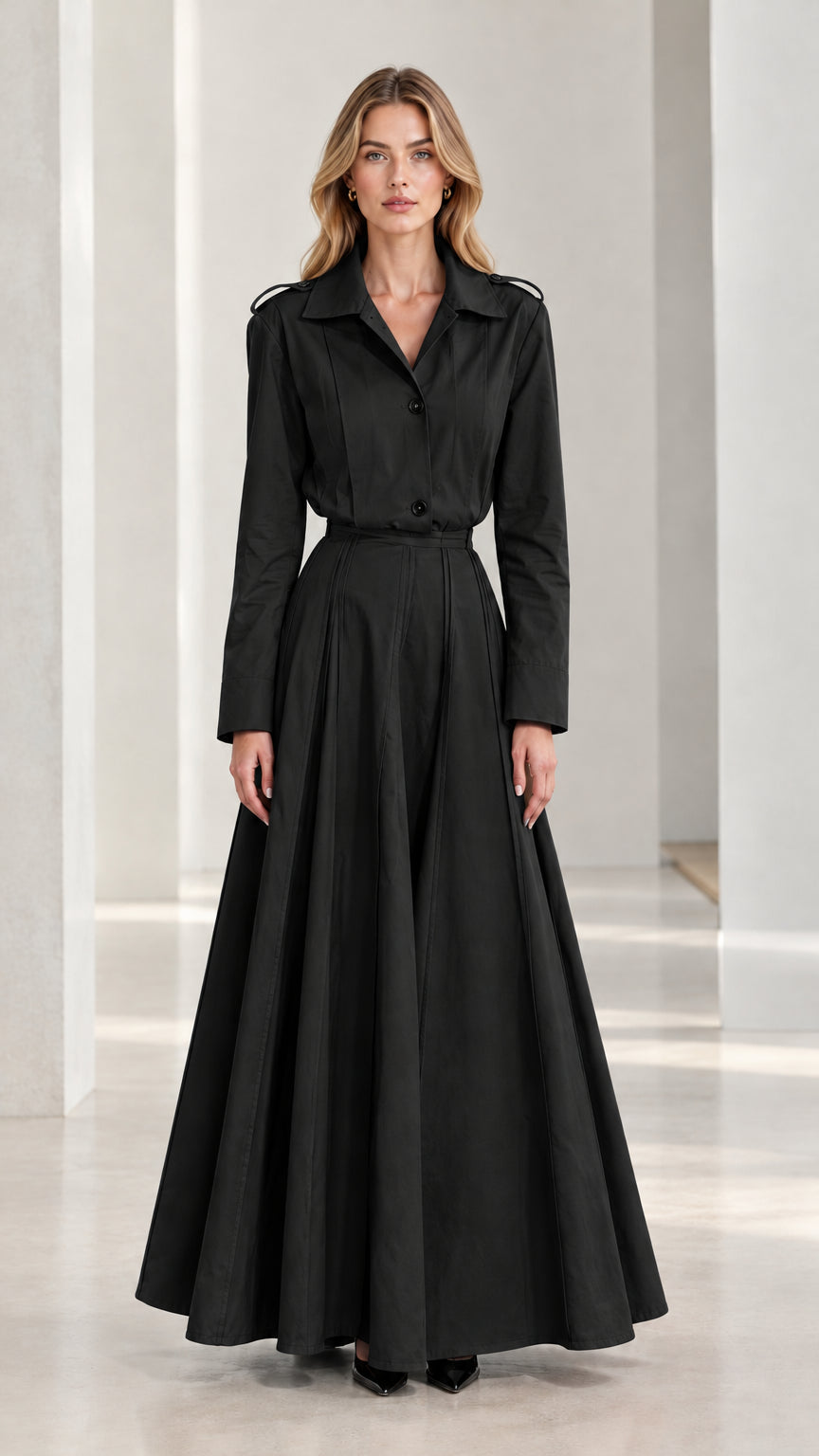Front view of black pleated long sleeve trench maxi dress