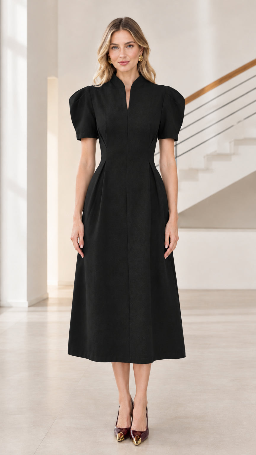 Front view of model wearing black mandarin collar puff sleeve A-line midi dress