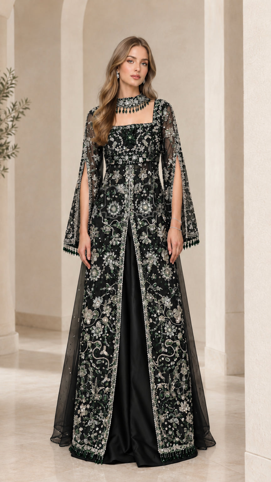 Black embroidered formal evening gown with long split cape sleeves and beaded detailing