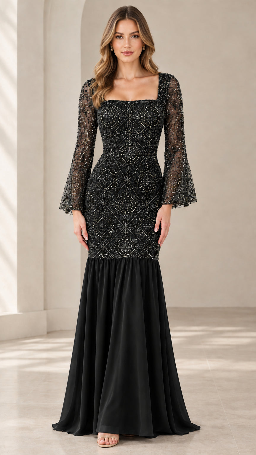Front view of black beaded lace square neck mermaid evening gown with bell sleeves