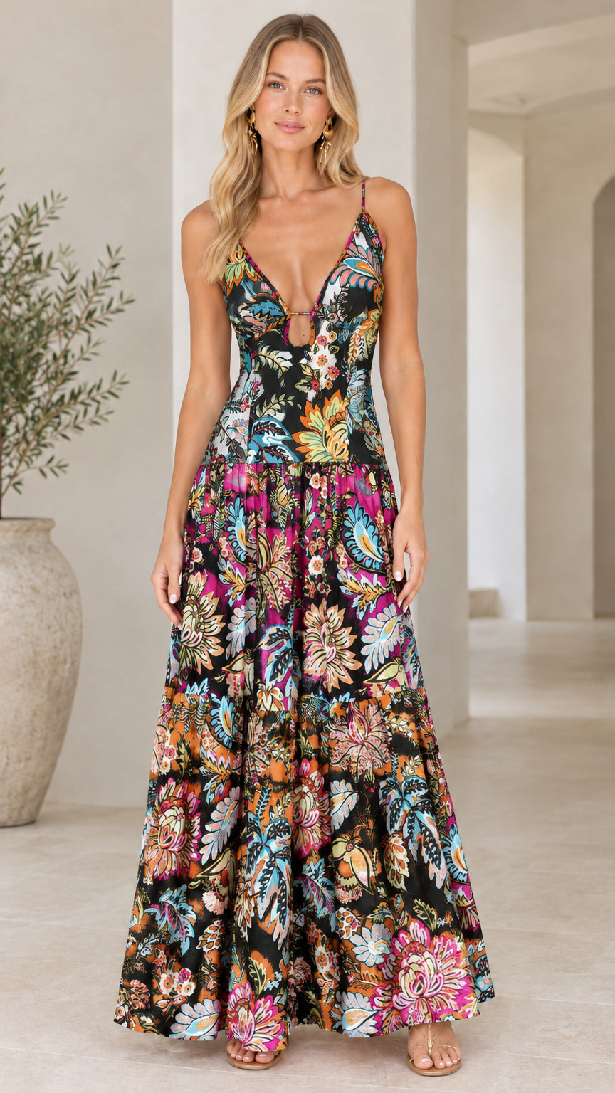 Front full-length view of Black Multi floral tiered sleeveless maxi dress