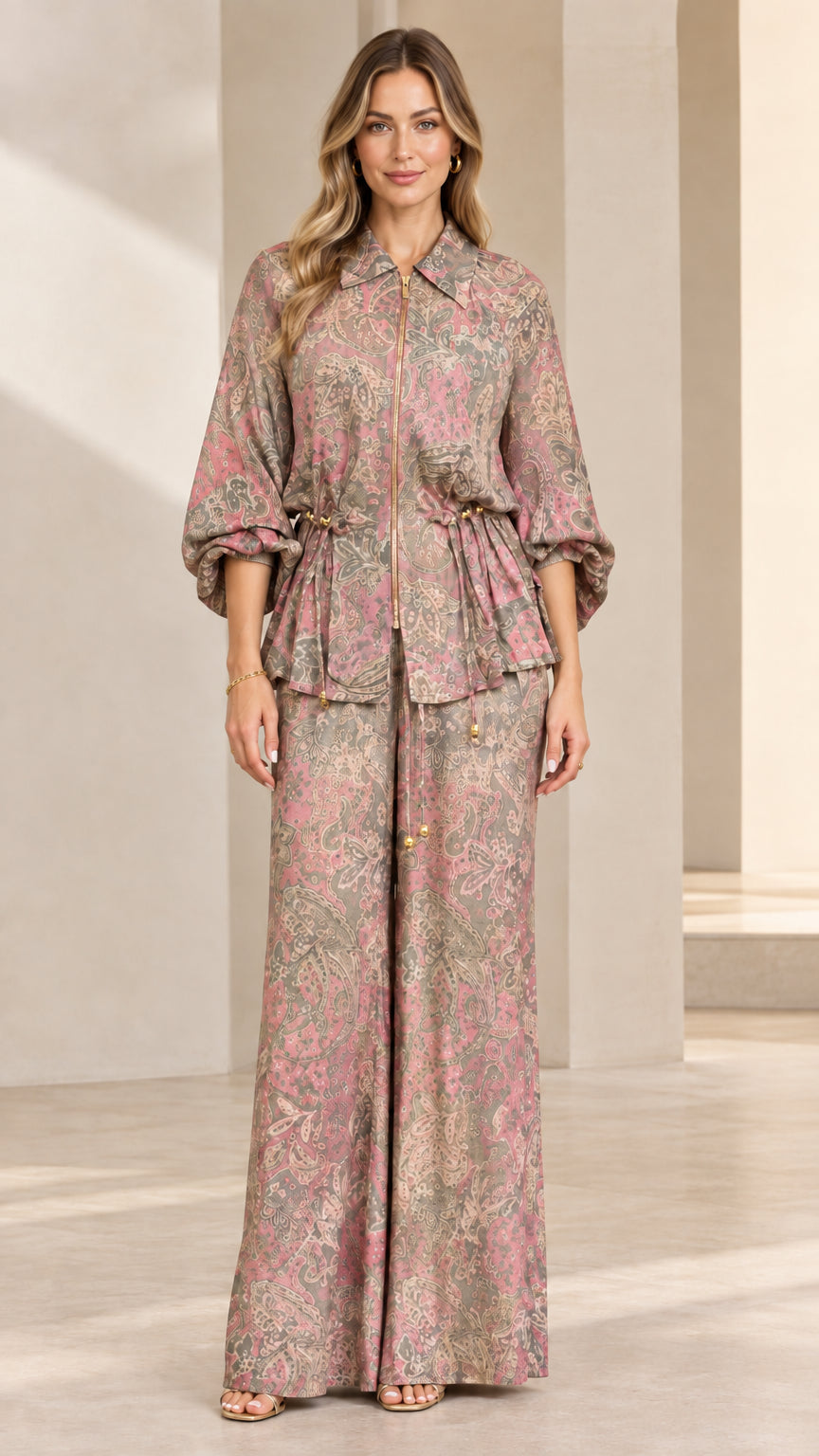 Dusty Rose Multi paisley print coordinated two-piece pant set