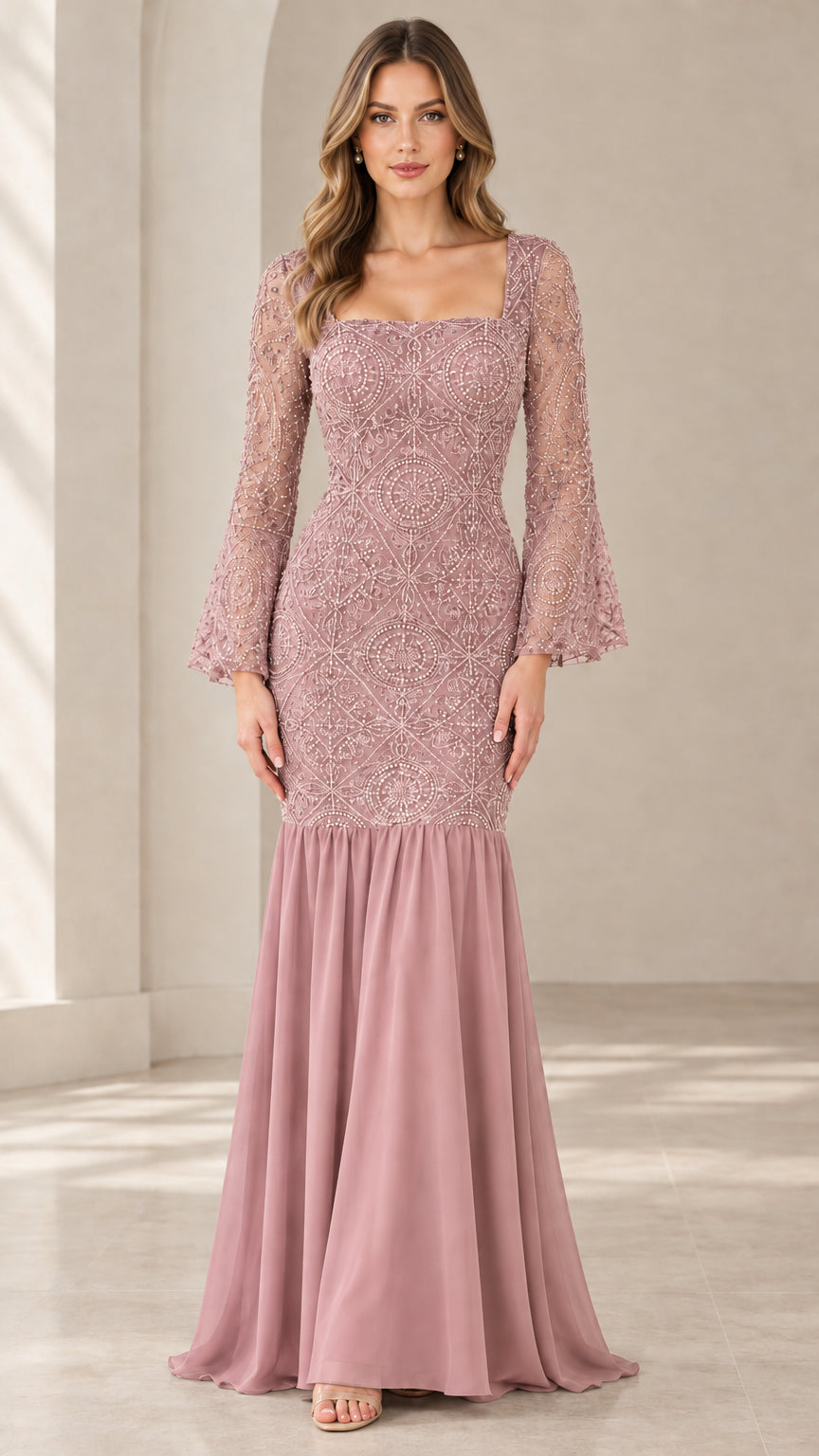 Front view of dusty rose pink beaded lace mermaid formal dress with flare sleeves