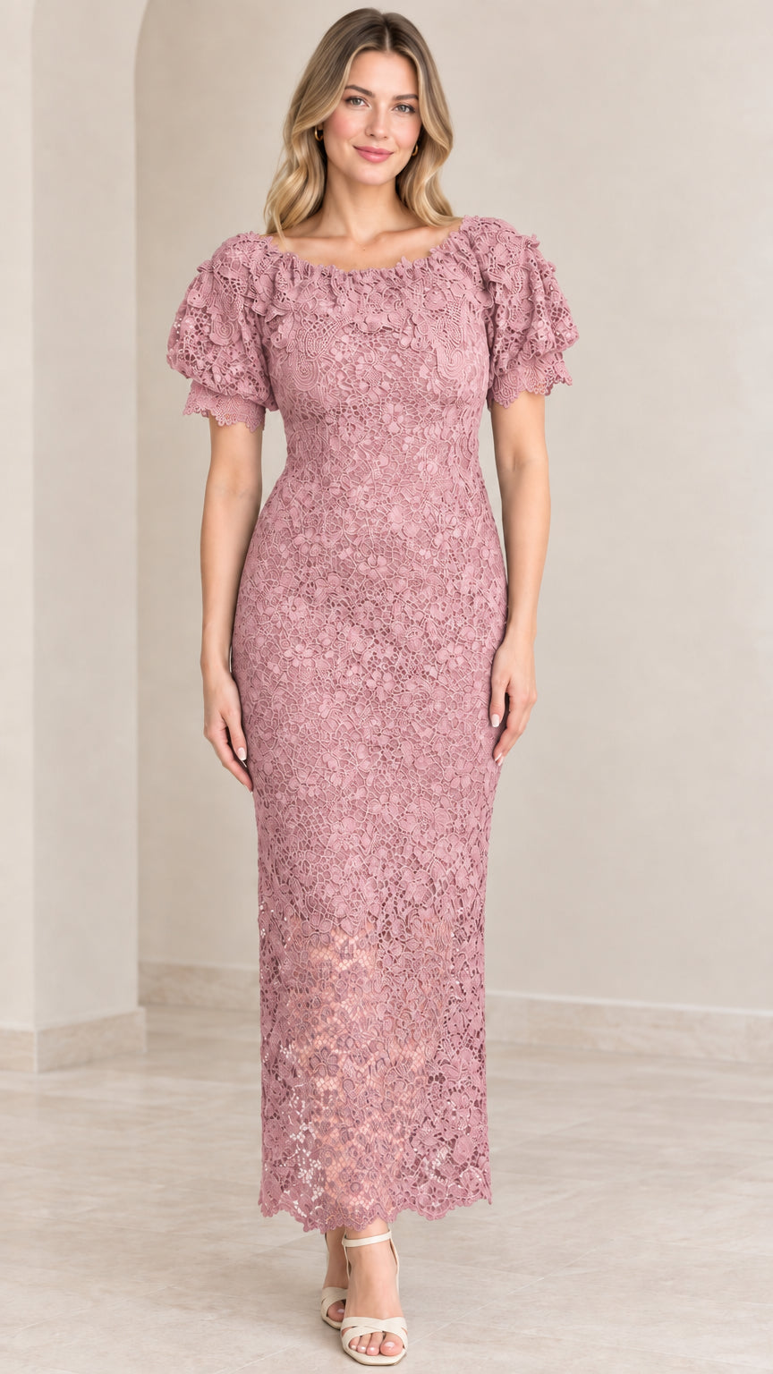Front view of woman wearing dusty rose floral lace puff sleeve maxi dress