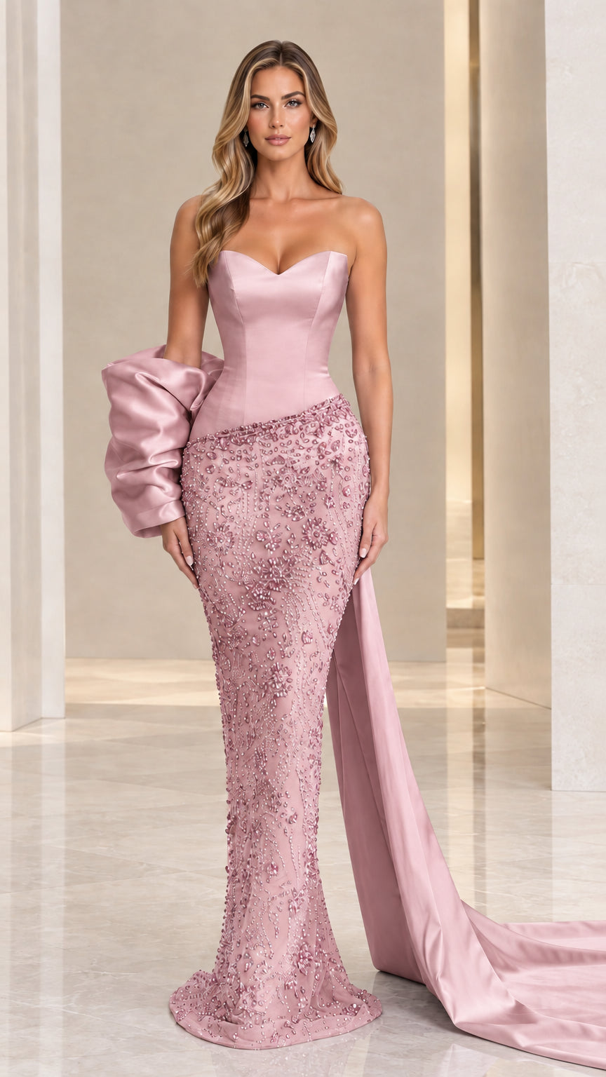 Full-length blush pink strapless sweetheart beaded mermaid formal dress with train
