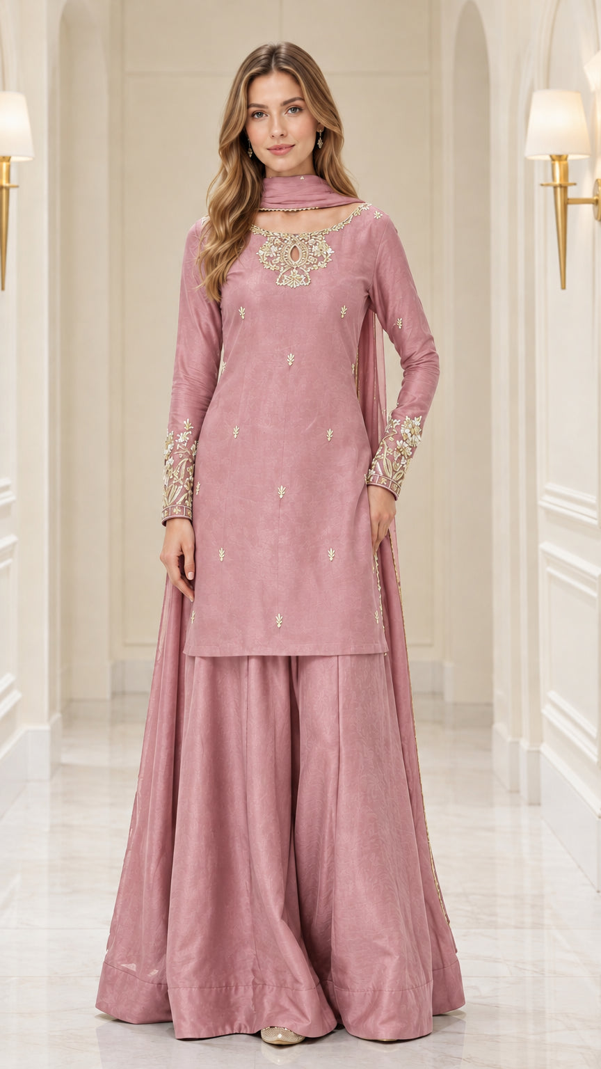 Full front view of dusty pink embroidered kurta sharara set