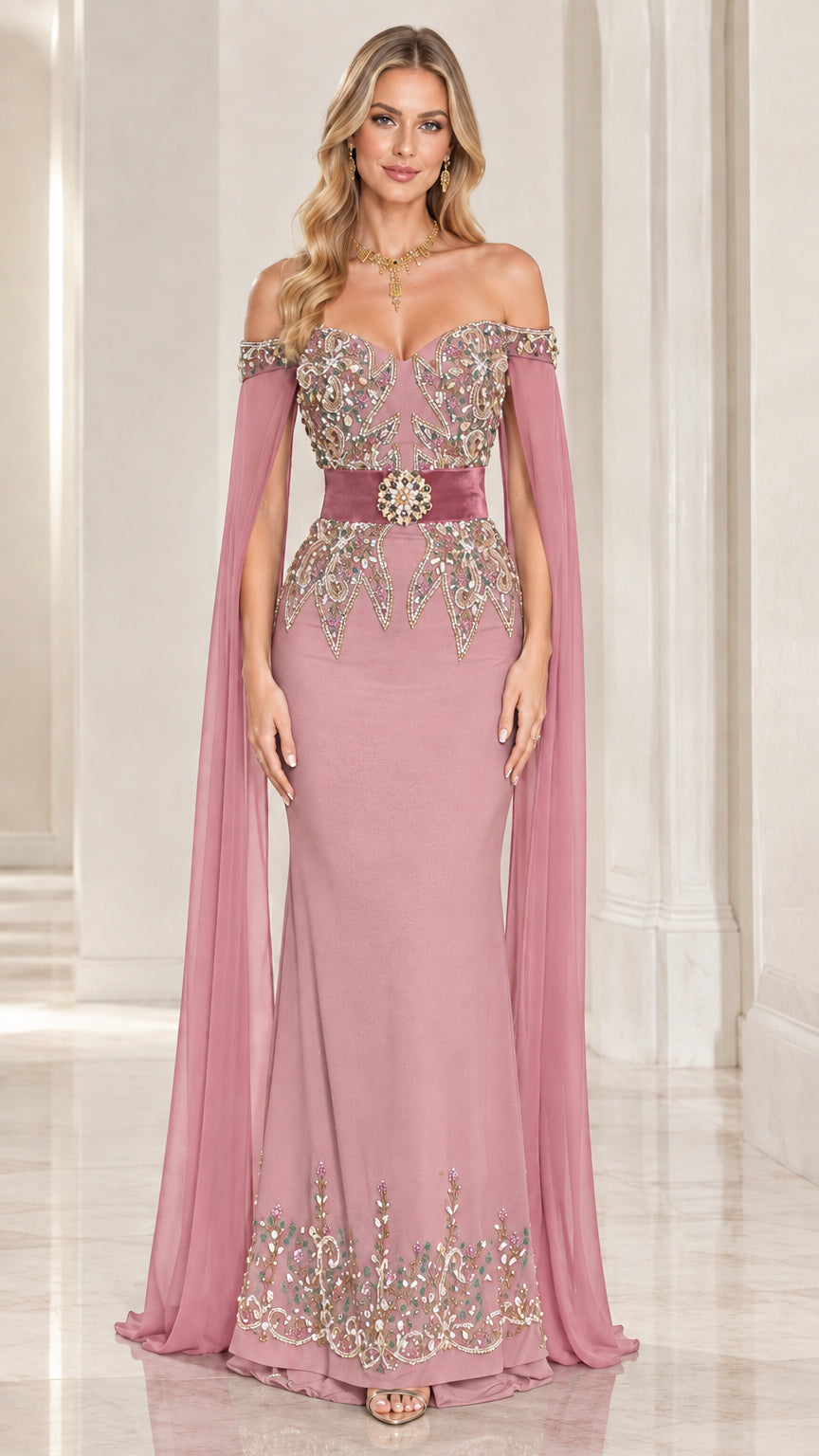 Dusty pink embellished off-the-shoulder evening gown with cape sleeves