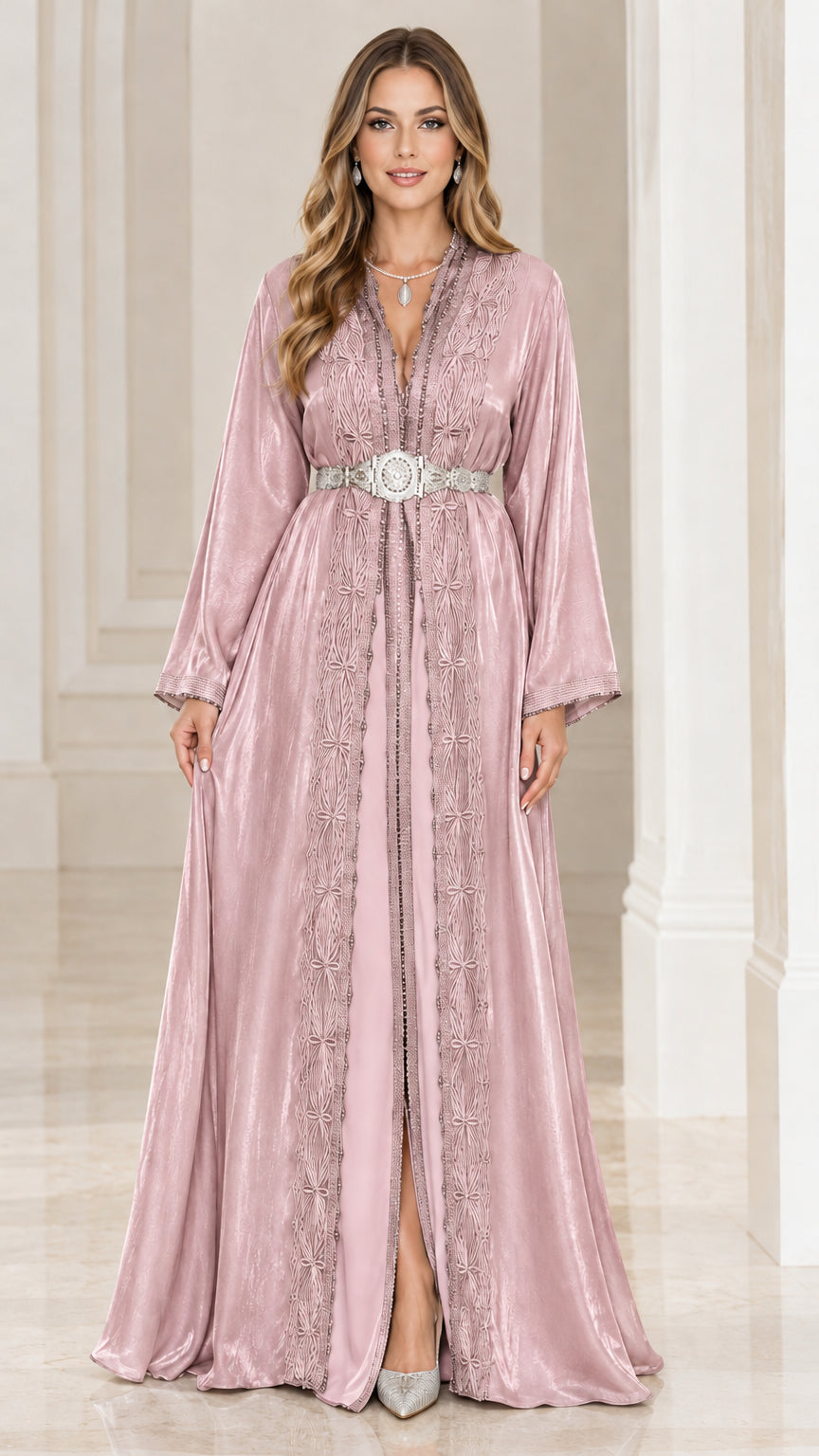 Dusty pink shimmer belted caftan maxi dress with ornate embroidery