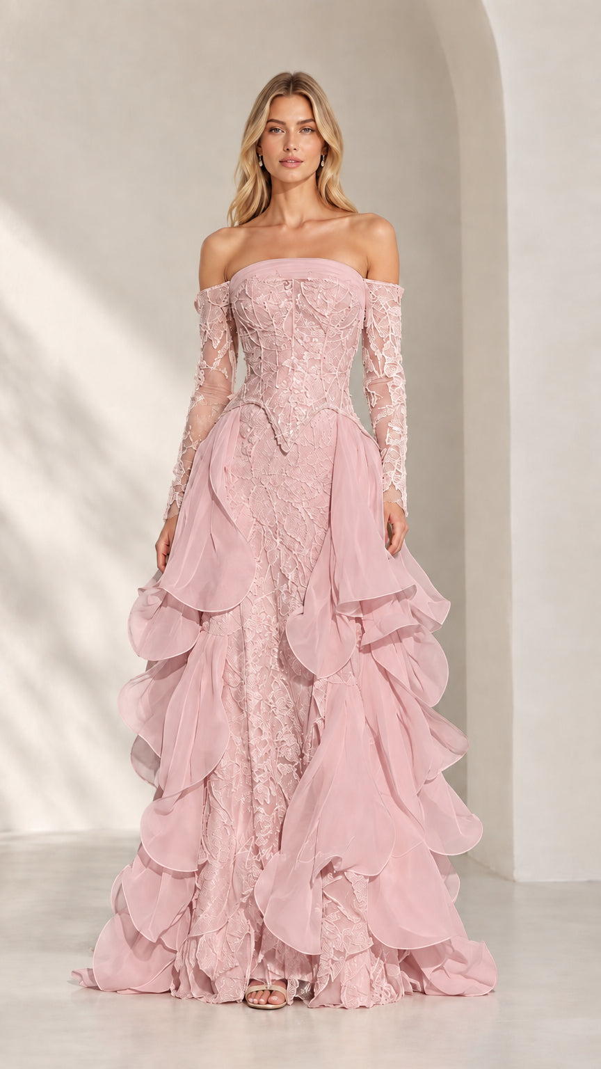 Blush pink lace off-the-shoulder formal gown with tiered ruffle skirt