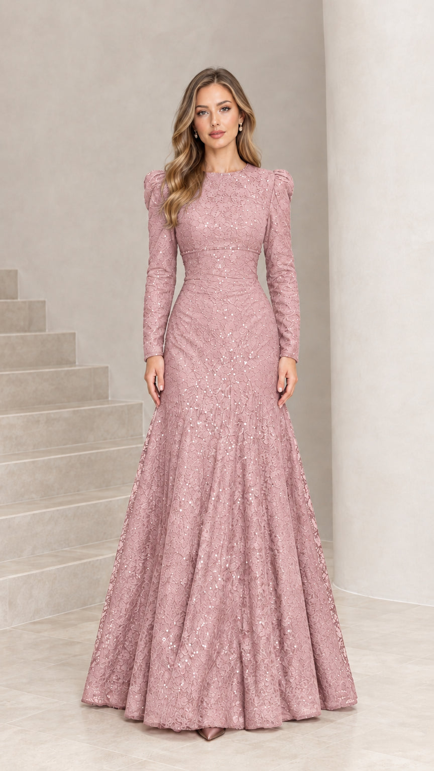 Dusty rose long sleeve sequin lace floor-length evening gown
