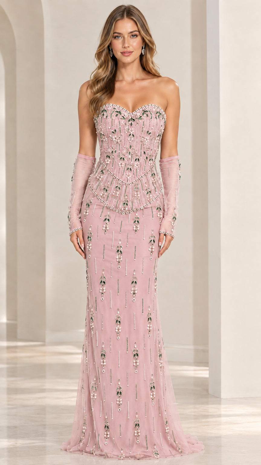 Front view of model wearing blush pink strapless beaded evening gown with sheer gloves